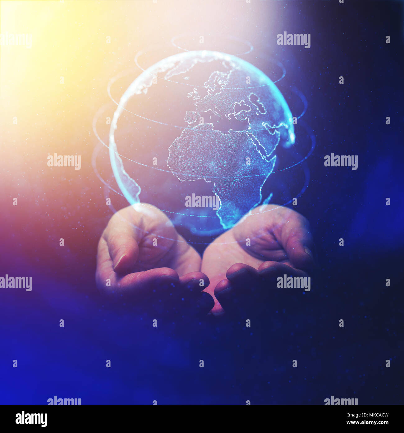 Les activités commerciales et le concept de communication, monde connecté dans les mains de personne d'affaires, abstract illustration technique mixte Banque D'Images