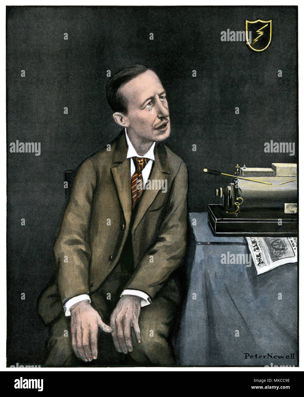 Caricature de Marconi avec sa technologie sans fil, 1903. Demi-teinte à la main, d'une illustration sur la couverture de Harper's Weekly Banque D'Images