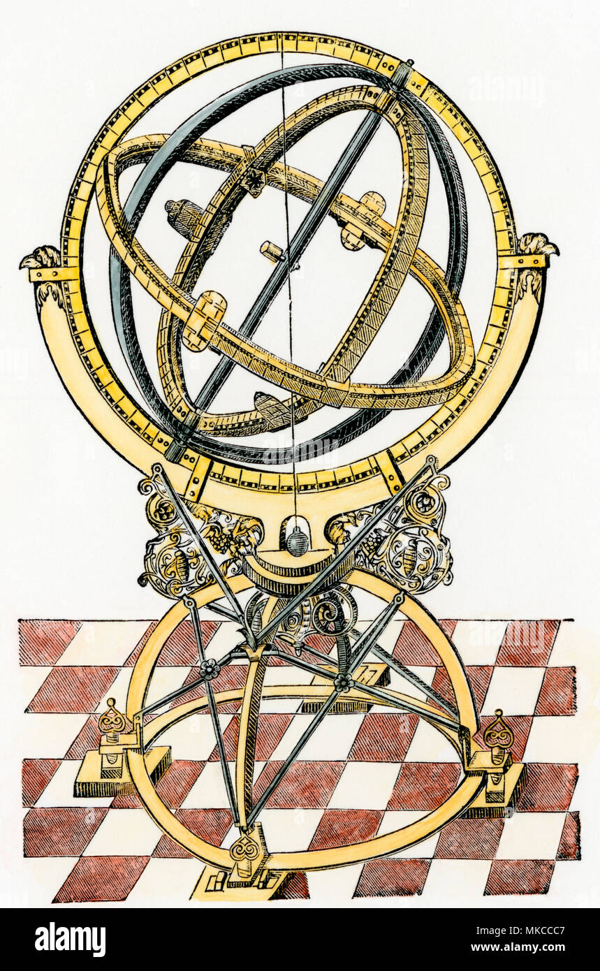 Anneaux équatoriaux de Tycho Brahe, à partir de 'Astronomiae Instauratae Mechanica.' à la main, gravure sur bois, d'une illustration Banque D'Images