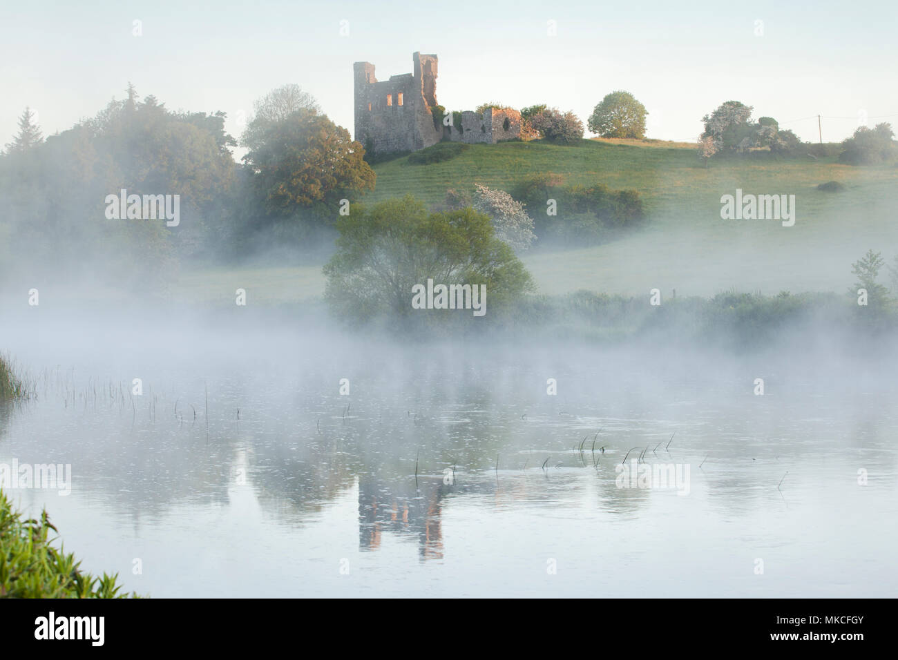 La brume enveloppe Dunmoe château, sur les rives de la Boyne, comté de Meath Irlande Banque D'Images