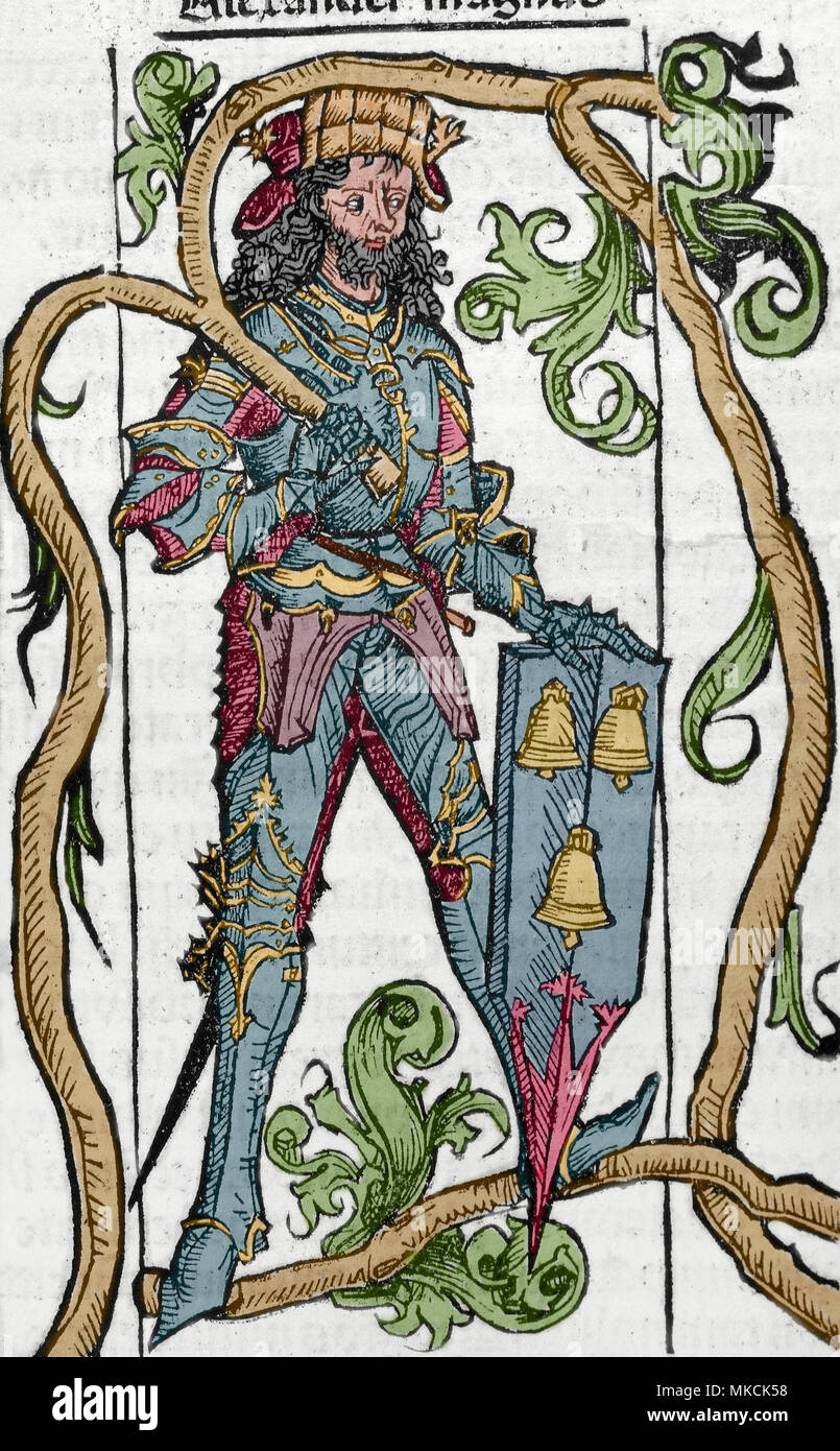 Alexandre III de Macédoine (Pella, en Macédoine, en 356 BCE-Babylone, Irak, 323 BCE), également connu sous le nom de Alexandre le Grand. Roi de l'ancien grec royaume de Macédoine (336-323 avant notre ère). Membre de l'Argead dinasty. Gravure de Nuremberg Chronicle par Hartmann Schedel, 1493. Plus tard la couleur. Banque D'Images