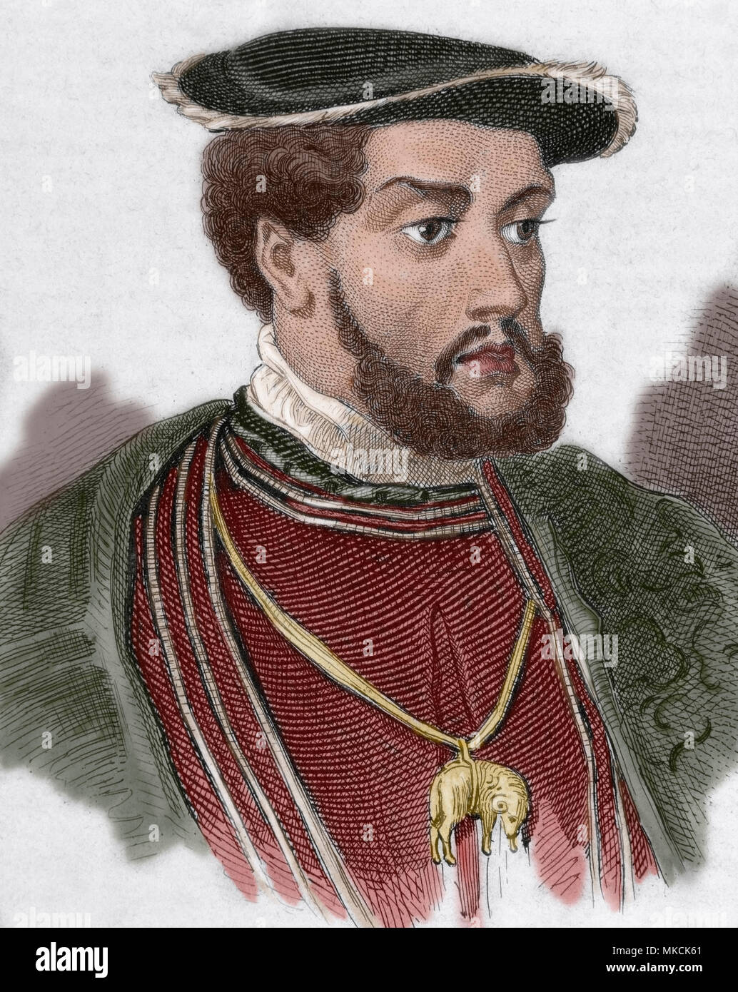 Charles V (Gand, 1500-monastère de Yuste, Espagne, 1558). Saint Empereur Romain. Il est le fils aîné de Philippe le Beau et Jeanne de Castille. Règle des deux, l'Empire Espagnol comme Charles I à partir de 1516 et le Saint Empire romain comme Charles V de 1519. Dessin de Vernier et gravure de Lemaître, 1840. Plus tard la couleur. Banque D'Images