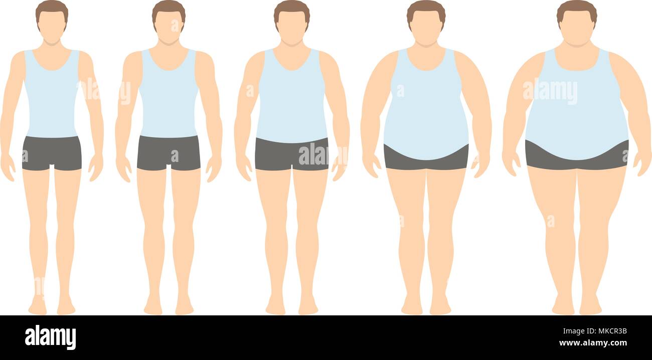 Indice de masse corporelle d'un poids insuffisant à l'illustration vectorielle, extrêmement obèses en télévision style. Homme avec différents degrés d'obésité. Corps de l'homme avec différentes nous Illustration de Vecteur