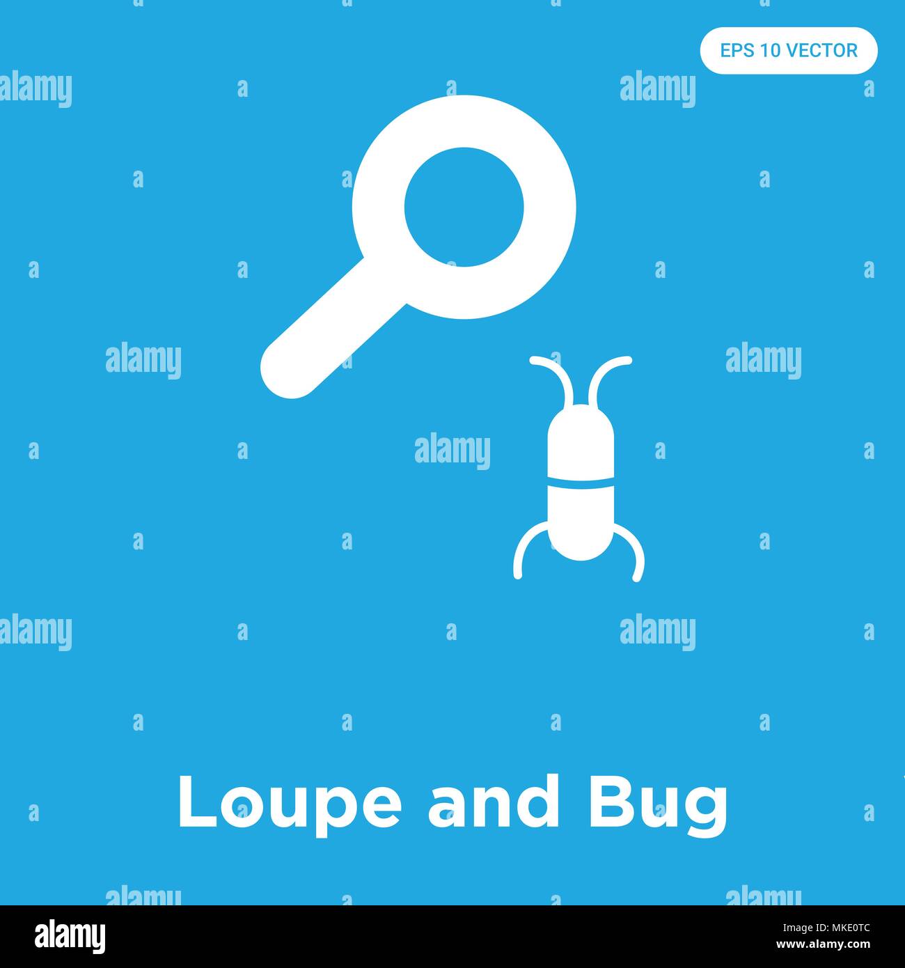 L'icône de loupe et vecteur de Bug isolé sur fond bleu, signe et symbole Illustration de Vecteur