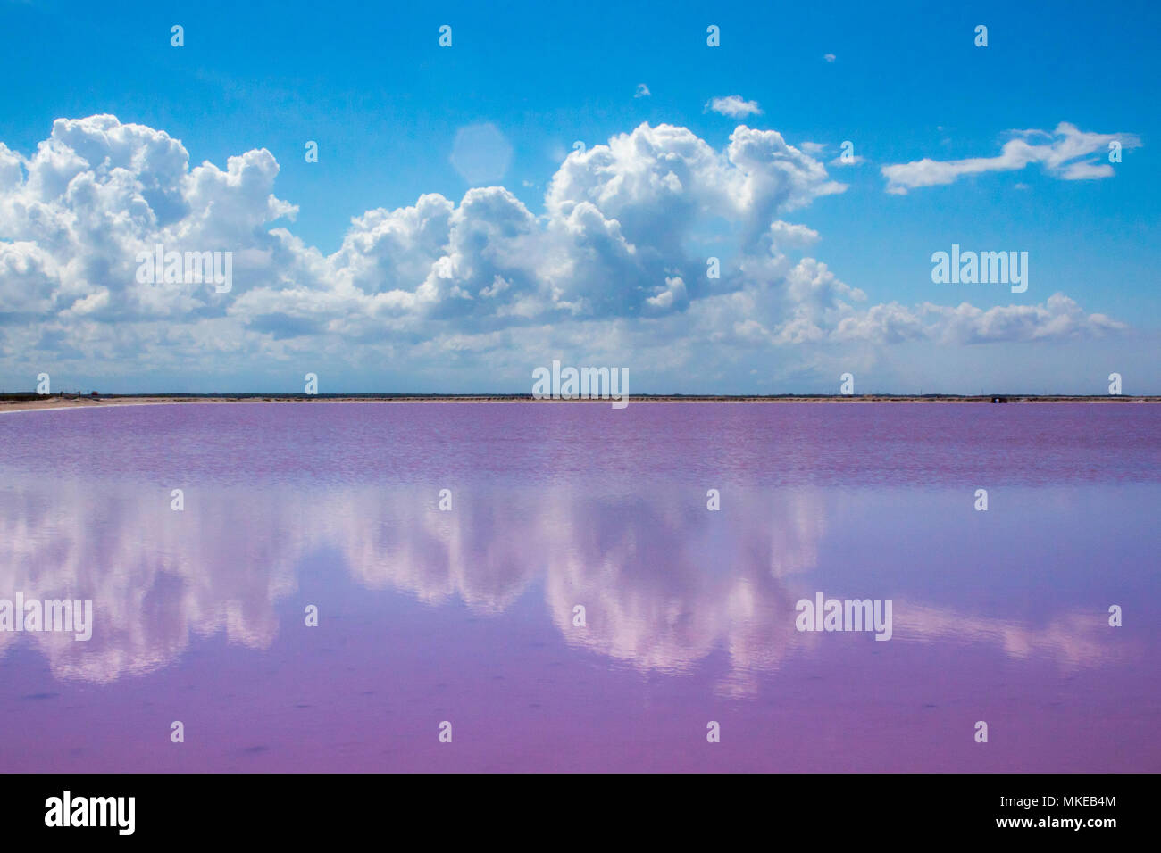 Au Sel Rose De Yucatan Au Mexique L Eau De Rose Intense Contre Ciel Bleu Profond Avec Des Nuages Et Spongieux Forte Reflexion Photo Stock Alamy