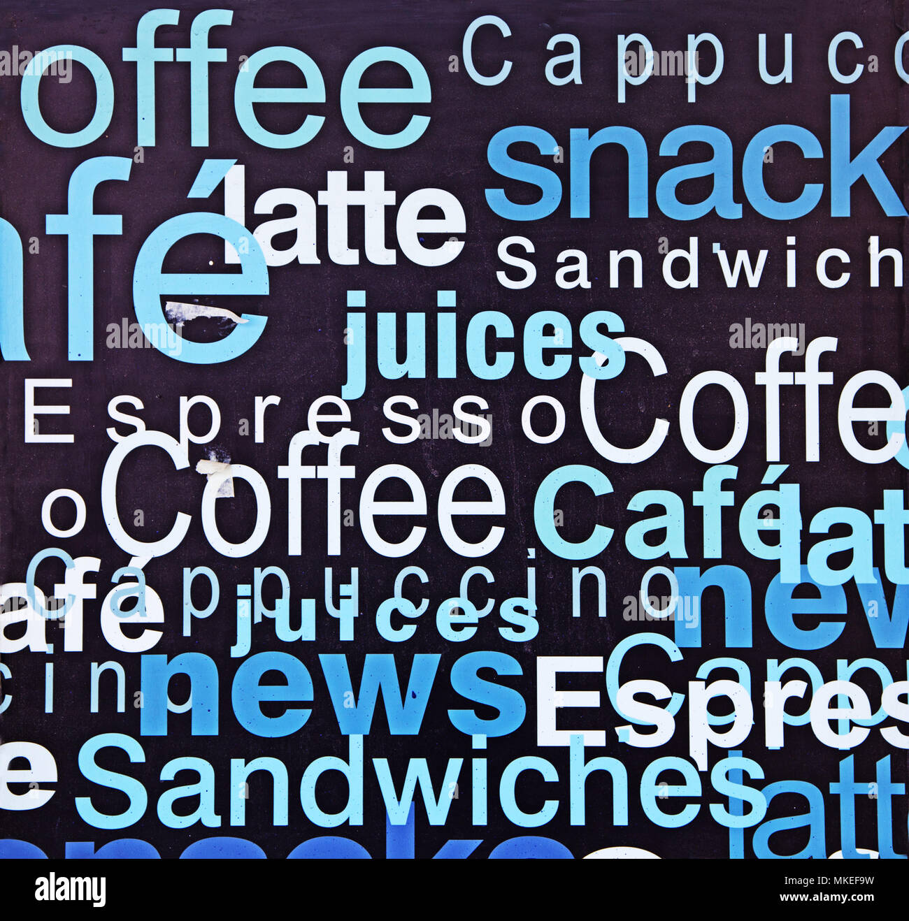 Un affichage des mots associés à des rafraîchissements pour la publicité d'un café ou snack-bar Banque D'Images