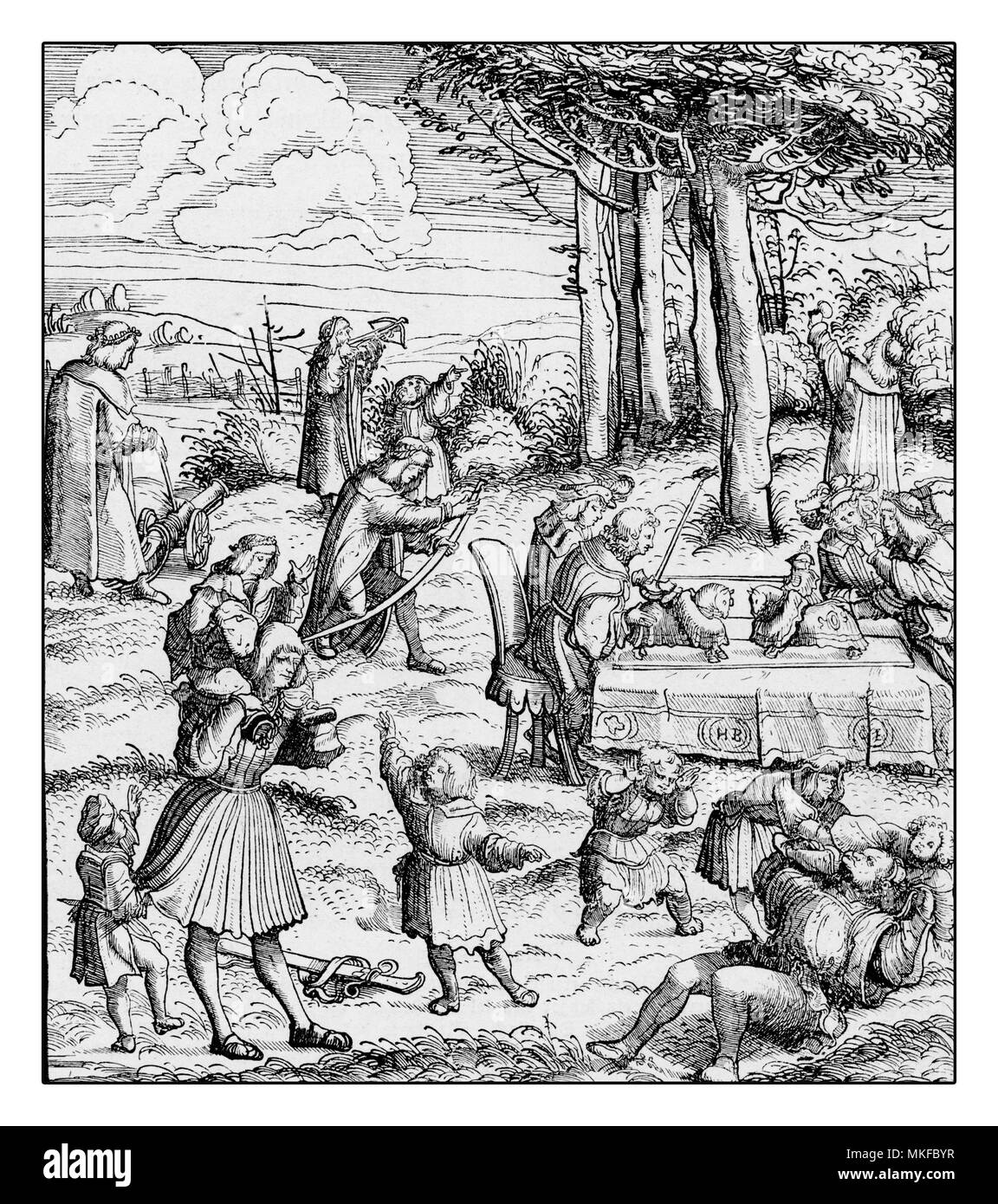 Illustration médiévale d'enfants et d'adultes jouer dehors par Hans Burgkmair, XVI siècle Banque D'Images
