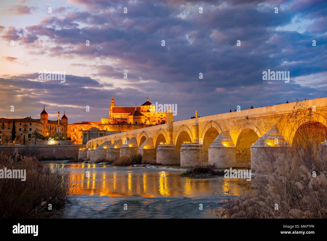 Allumé Puente Romano, pont romain sur Rio Guadalquivir, derrière Mezquita, Catedral de Córdoba, vision de nuit, Cordoba Banque D'Images