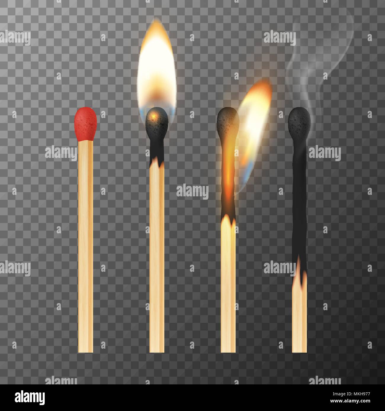 3d Vector icon set match stick réaliste, libre isolé sur fond de grille de la transparence. Ensemble et brûlé des allumettes. Étapes de la gravure du match. Symbole de l'allumage, la combustion et faner. Modèle de conception, pour les graphiques clipart Illustration de Vecteur