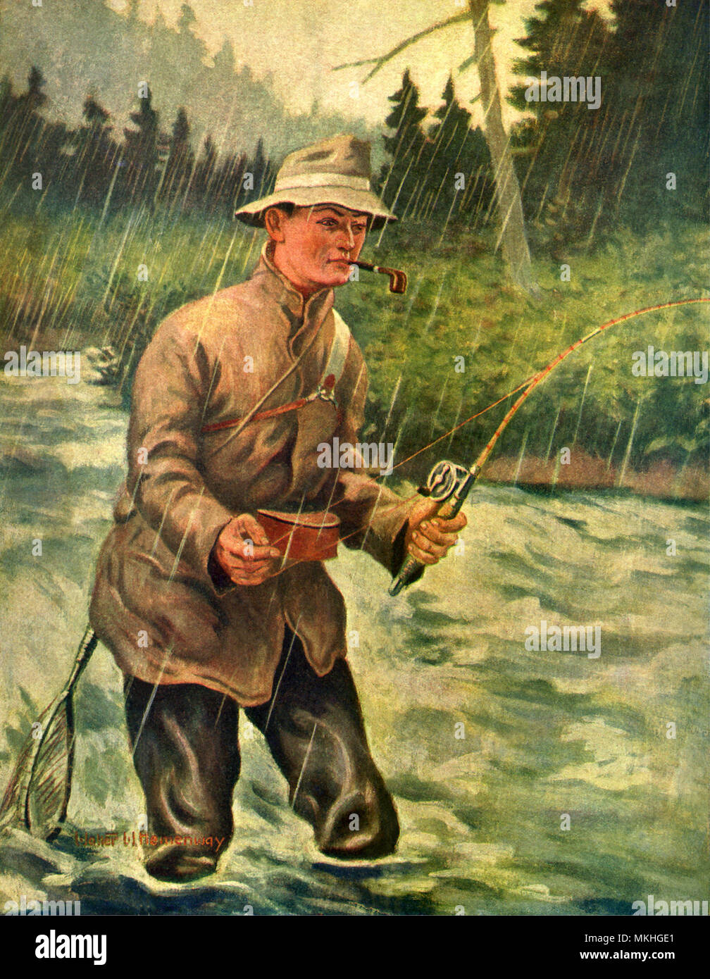 Man Fishing in the Rain Banque D'Images