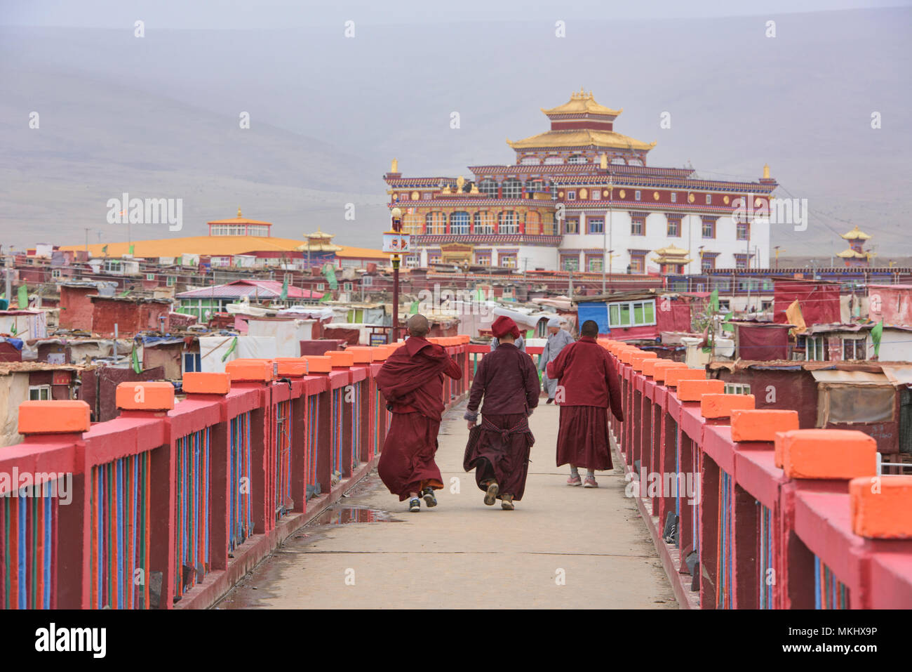 Les nonnes tibétaines marche, Yarchen Gar, Sichuan, Chine Banque D'Images