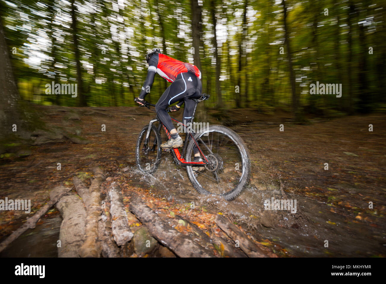 Mountainbiker sombre dans la forêt viennoise sombre des rides vite tout-terrain sur le sentier le long de la forêt par les vététistes flux avec les projections d'eau. Banque D'Images