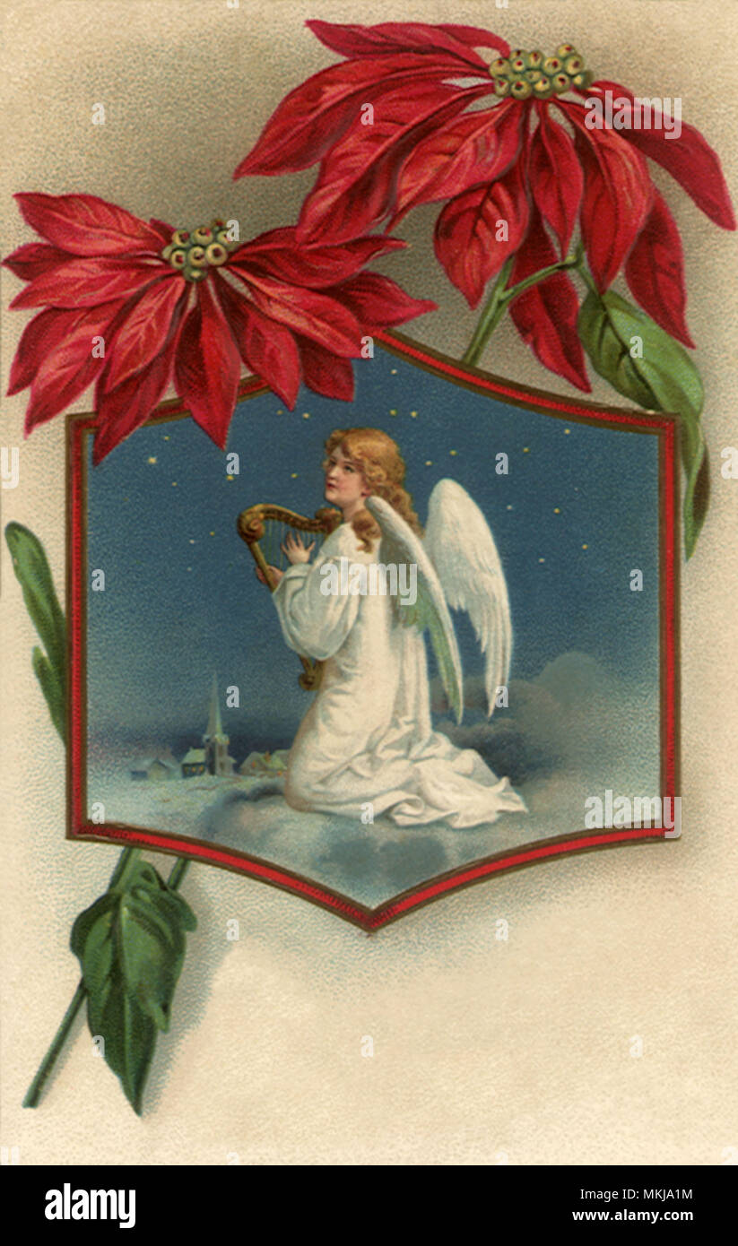 Angel ci-dessous les poinsettias Banque D'Images