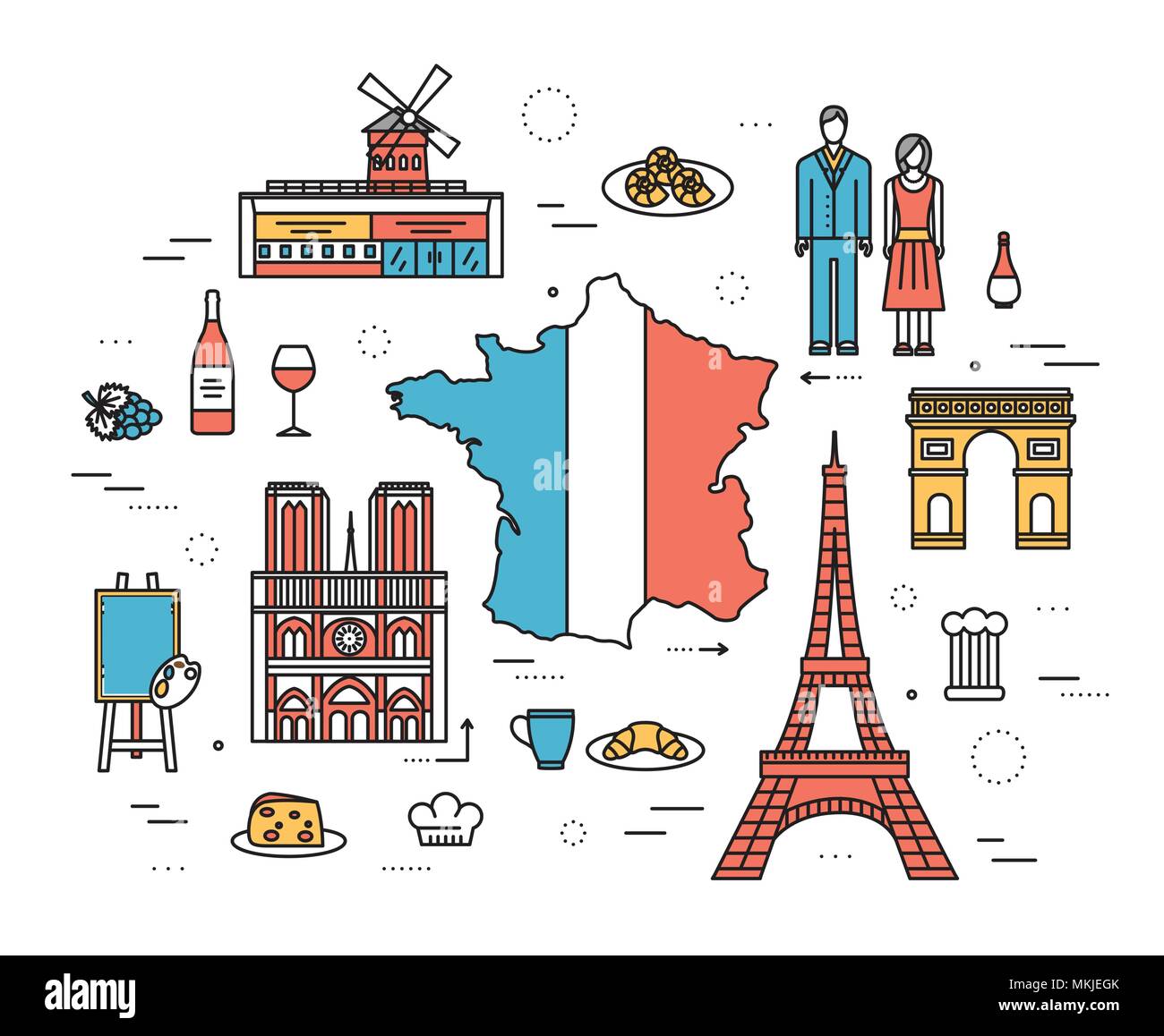 Guide de voyage France Pays de biens, de lieux en lignes fines style design. Ensemble de l'architecture, la mode, les gens, la nature concept. Infographic template design pour le web et sur mobile télévision vecteur Illustration de Vecteur