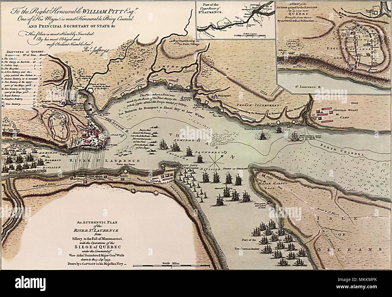 Carte de la rivière Saint-Laurent, Canada 1760 Banque D'Images