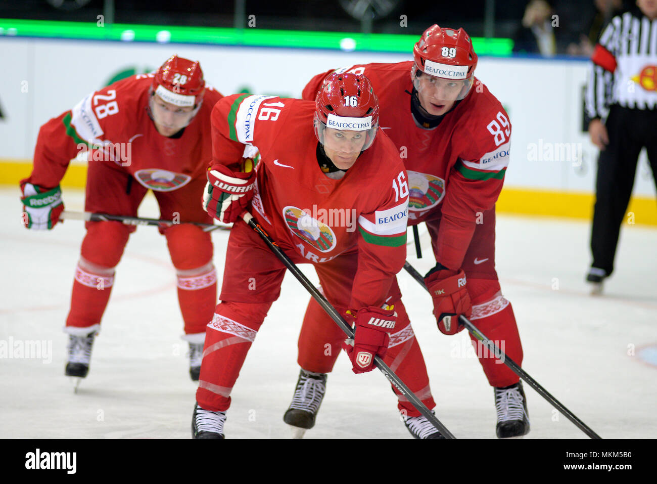 MINSK, BELARUS - 7 mai : Bélarus, pendant l'IIHF 2014 Championnat du Monde de Hockey sur glace match le 7 mai 2014 à Minsk, en Biélorussie. Banque D'Images