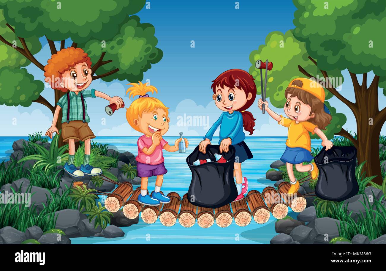 Les enfants La collecte des ordures à côté de l'illustration de la rivière Illustration de Vecteur