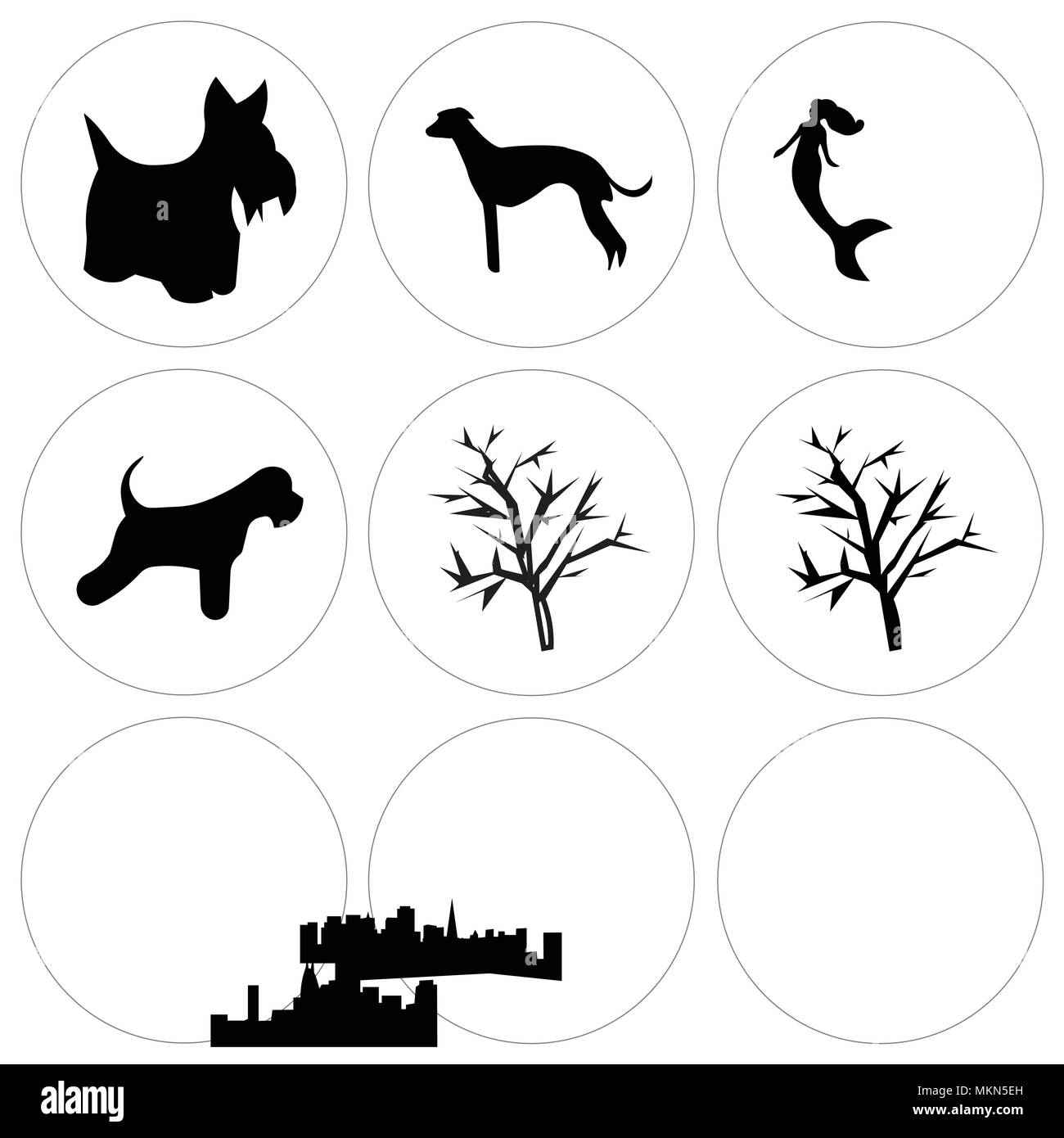 Ensemble de 9 icônes modifiable simple comme mesquite tree, schnauzer nain, Édimbourg sky, Richmond sirène, Charleston, whippet chien scottie, peut être de nous Illustration de Vecteur