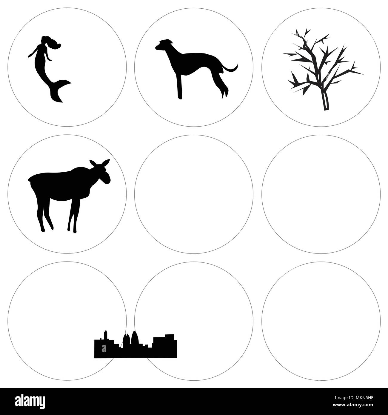 Ensemble de 9 icônes modifiable simple comme la femelle orignal, backflip, Fort Worth, charleston ciel arbre mesquite, Nashville whippet, Édimbourg sirène, ca Illustration de Vecteur