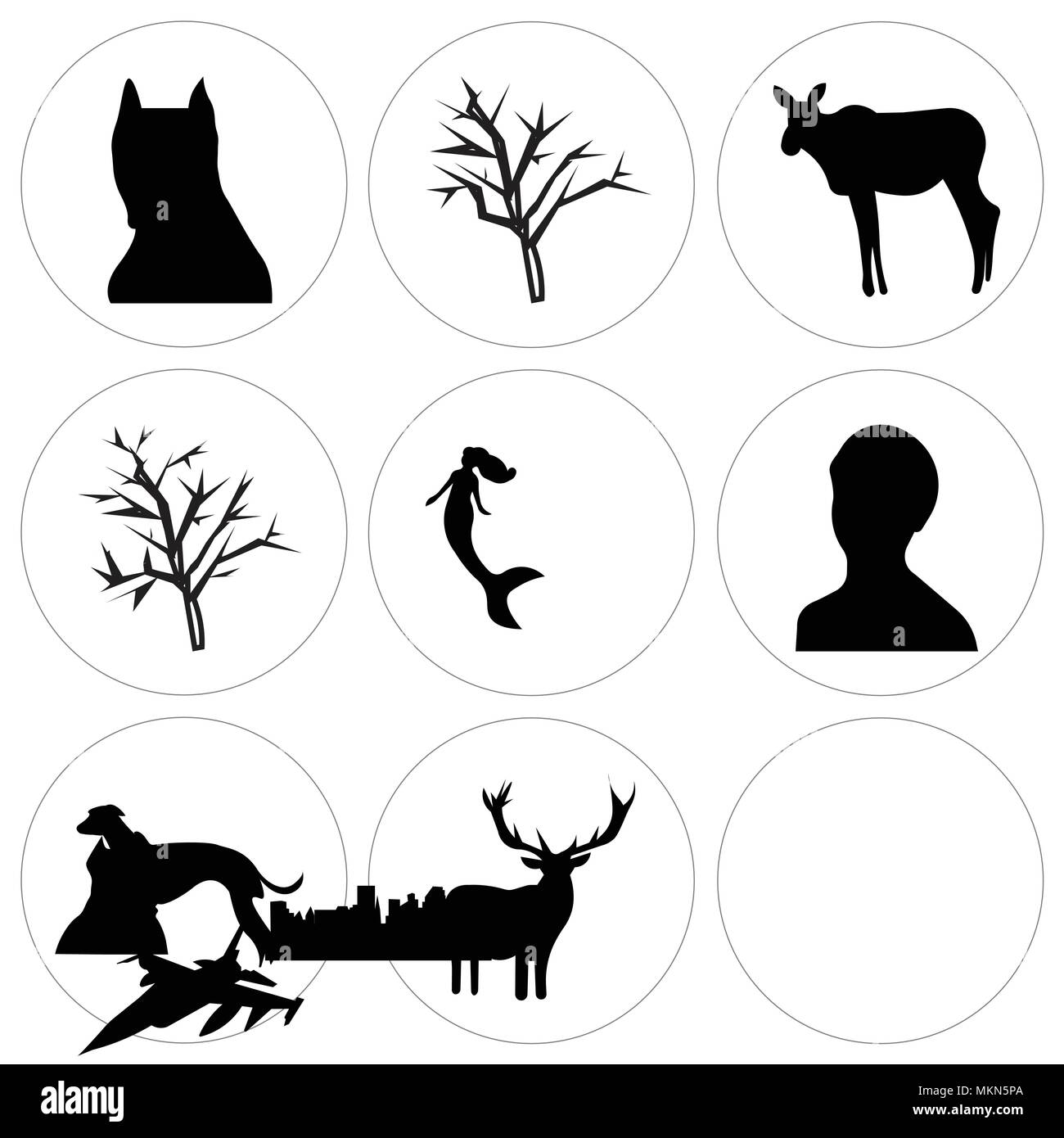 Ensemble de 9 icônes modifiable simple comme buffalo sky, clip art deer, whippet, femme headshot, sirène, mesquite tree, l'orignal, pitbull face, peut être Illustration de Vecteur