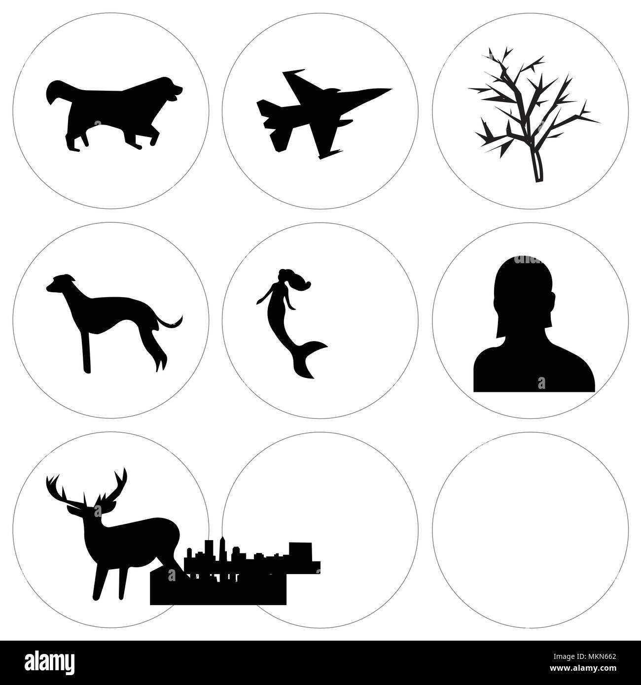 Ensemble de 9 icônes modifiable simple comme l'images clip art deer, femme headshot, mermaid, sf sky, whippet, mesquite tree, Fort Worth f16, bernese mountain Illustration de Vecteur