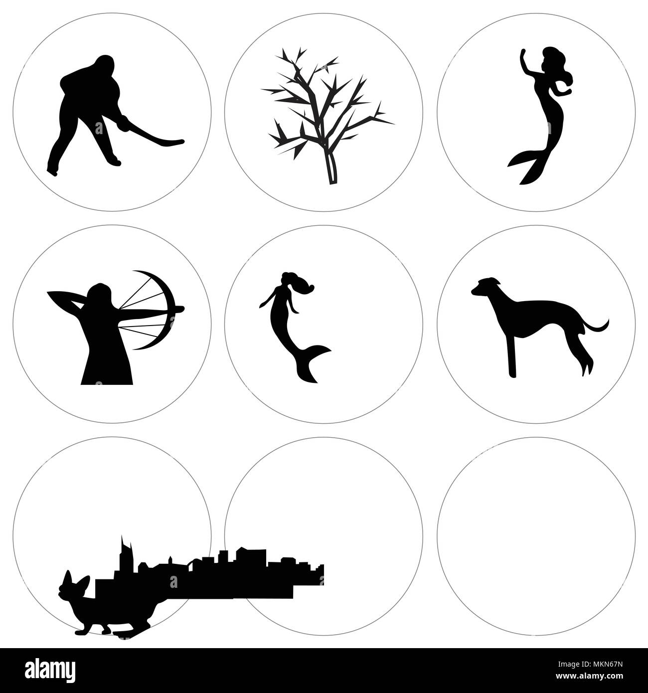 Ensemble de 9 icônes modifiable simple comme le dragon barbu, whippet, sirène, arc à poulies, peu d'arbres mesquite, joueur de hockey, Pittsburgh ciel, charl Illustration de Vecteur
