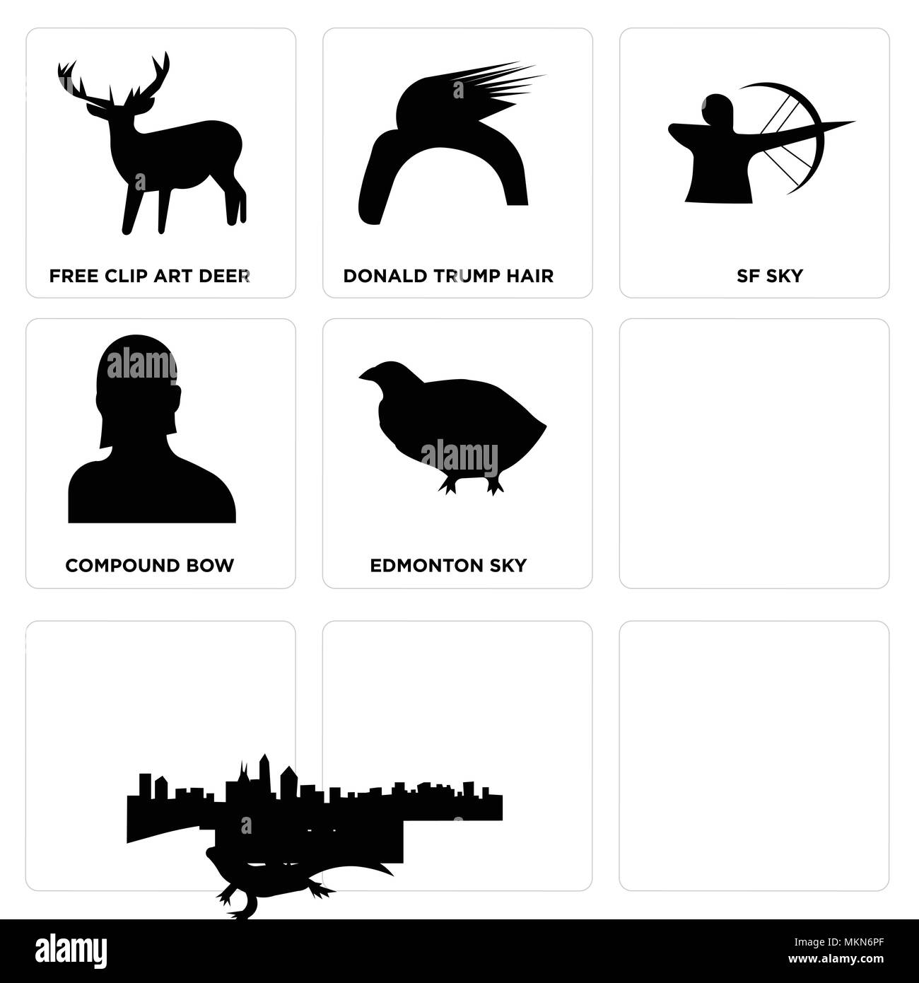 Ensemble de 9 icônes modifiable simple comme Las Vegas Strip, caille, femme headshot, Nashville, Edmonton ciel Arc à poulies, sf, Donald Trump, clip de cheveux Illustration de Vecteur