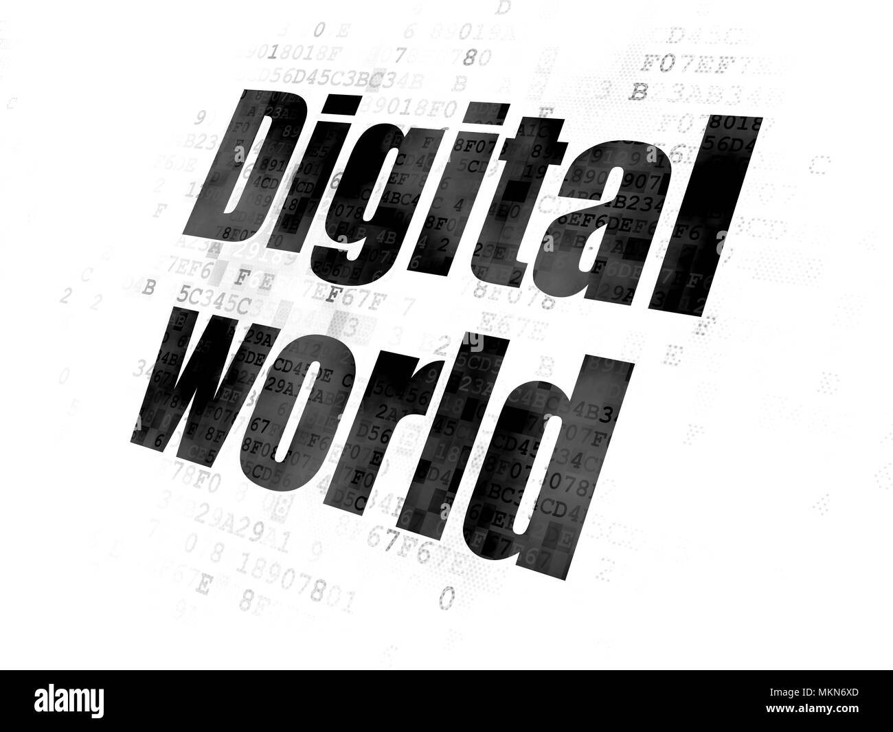 Concept de données : Texte noir pixélisé sur monde numérique Digital background Banque D'Images
