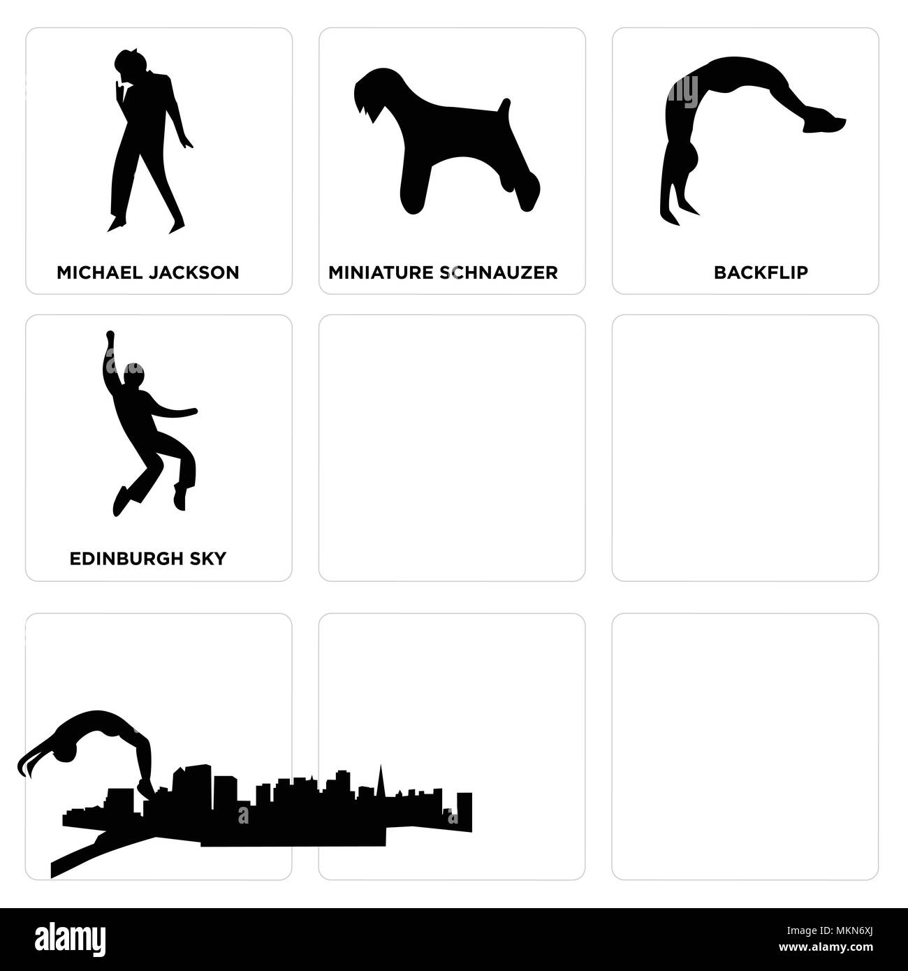 Ensemble de 9 icônes modifiable simple comme cleveland sky, Nashville, elvis richmond fort worth backflip édimbourg, schnauzer nain, Michael Jacks Illustration de Vecteur