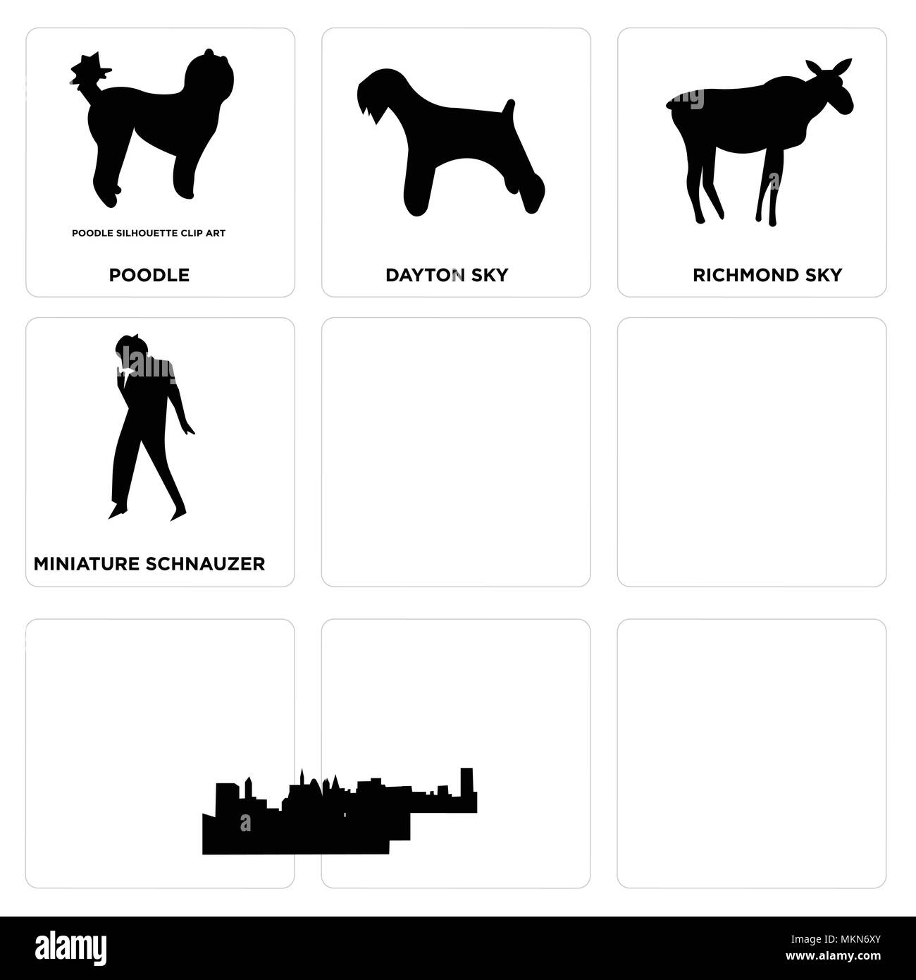 Ensemble de 9 icônes modifiable simple comme sf sky, Michael Jackson, de l'orignal femelle, backflip, charleston schnauzer nain, Richmond, caniche de Dayton peut être Illustration de Vecteur