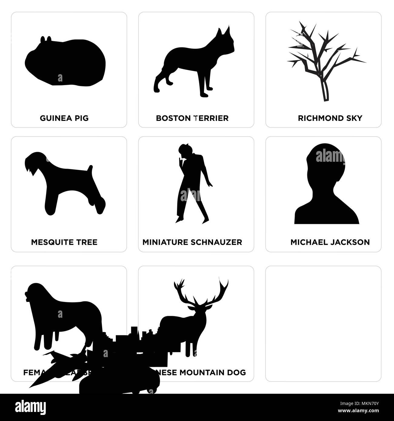 Ensemble de 9 icônes modifiable simple comme l'images clip art deer, bernese mountain dog, femme headshot, michael jackson, schnauzer nain, mesquite tree, Illustration de Vecteur