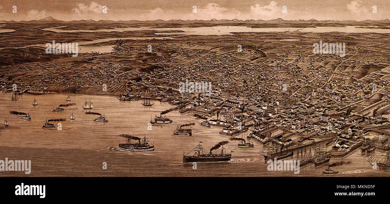 Vue à vol d'oiseau de la ville de Seattle, Washington, 1884 Banque D'Images