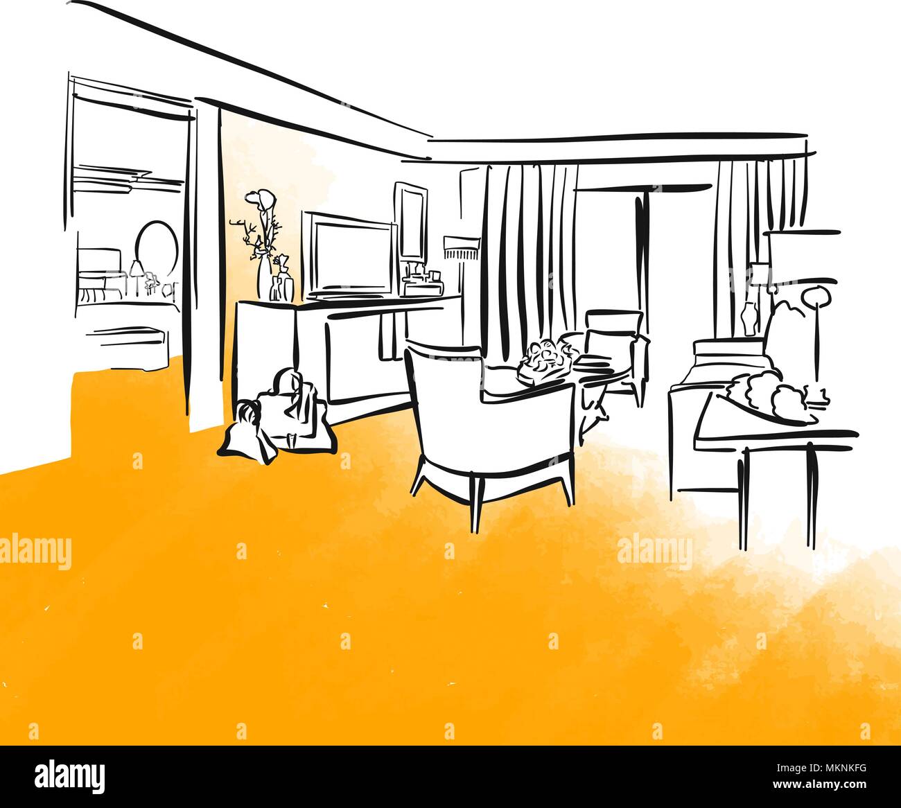 Chambre d'hôtel et le mobilier dessin de concept, vector illustration dessinée à la main Illustration de Vecteur