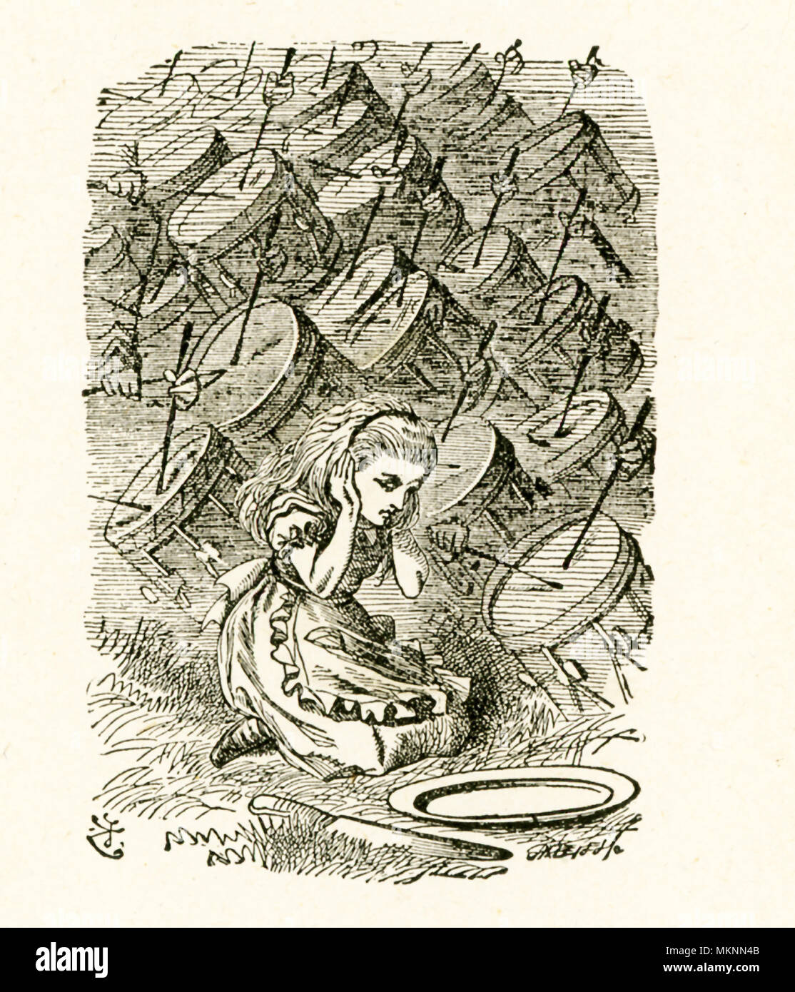 Cette illustration avec Alice couvrant ses oreilles pour la batterie est dans de l'autre côté de 'et ce qu'Alice a trouvé là' par Lewis Carroll (Charles Lutwidge Dodgson), qui a écrit ce roman en 1871 comme une suite de 'Alice's Adventures in Wonderland". Banque D'Images