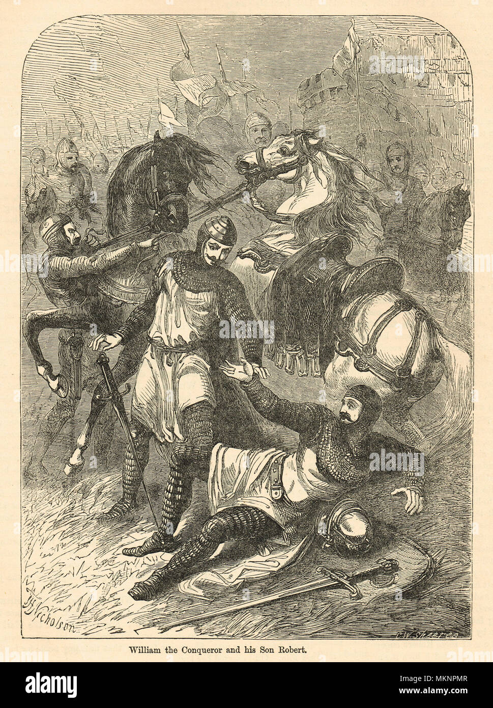 Robert Curthose le fils de Guillaume le Conquérant pour lui demander pardon, pour autant bouleverser et blessant son père William J dans la bataille, 1079 Banque D'Images