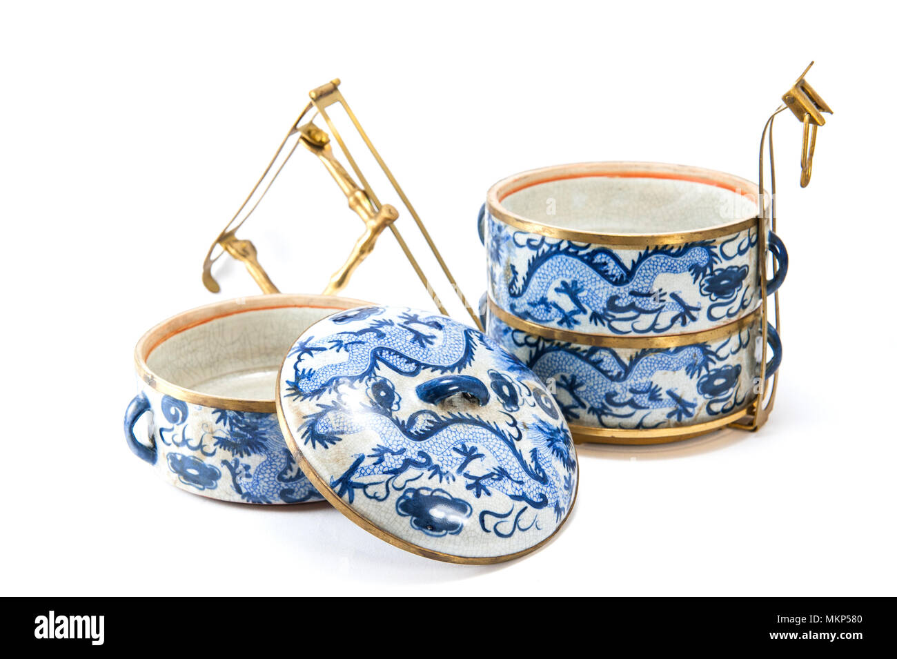 Transporteur d'aliments chinois vintage avec motif bleu sur fond blanc de l'art Banque D'Images