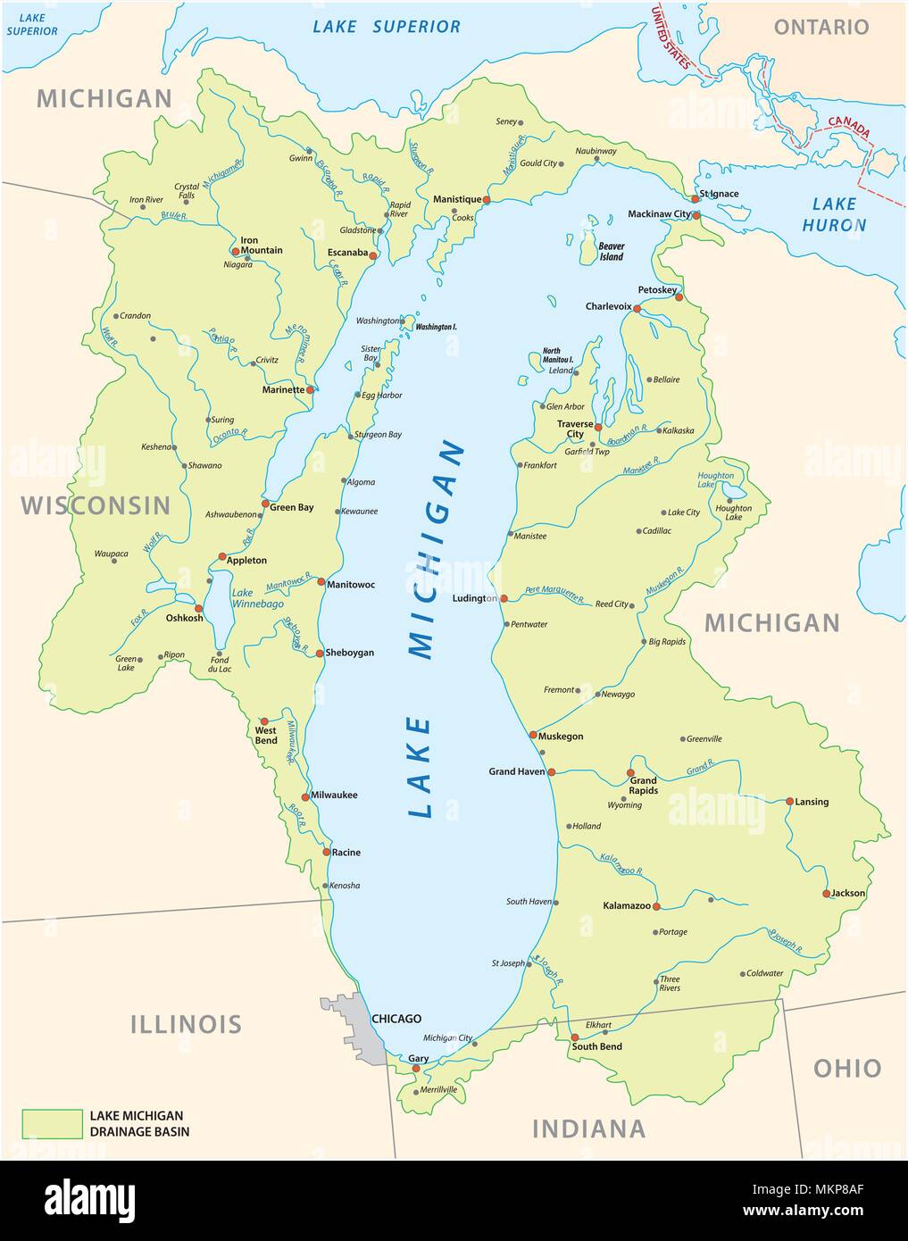 Le bassin de drainage du lac Michigan carte vectorielle Illustration de Vecteur