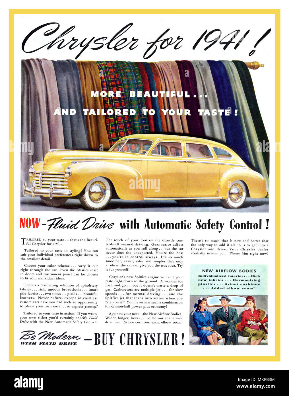 1941 Chrysler Airflow 4 américain jaune porte fluide de corps conduisent des voitures - Publicité presse original fabriqué dans l'année du début de la Seconde Guerre mondiale, l'Amérique Banque D'Images