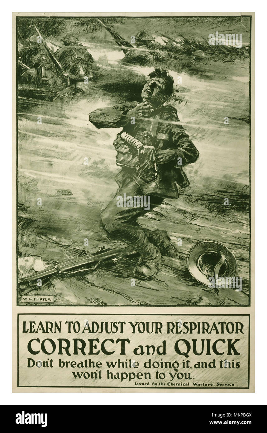 WW1 Vintage poster USA les troupes américaines d'informations et de conseils de prudence dans l'ajustement d'un appareil de protection respiratoire pour gaz toxiques un ennemi attaque chimique Banque D'Images