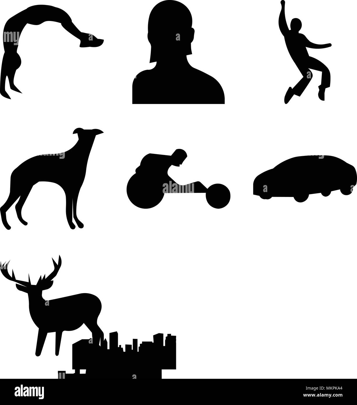 Ensemble de 9 icônes modifiable simple comme cleveland sky, clip art deer, voiture, course en fauteuil roulant, sf whippet, Elvis, femme headshot, backflip, peut être Illustration de Vecteur