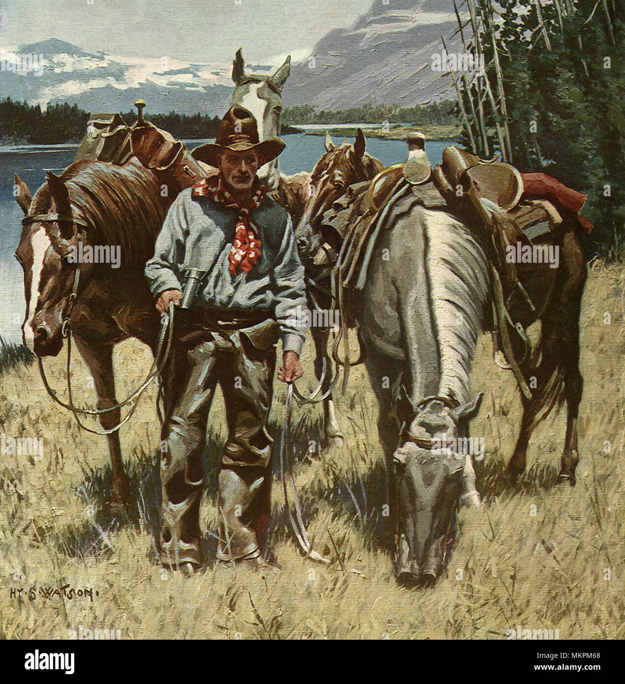 Cowboy et deux chevaux Banque D'Images
