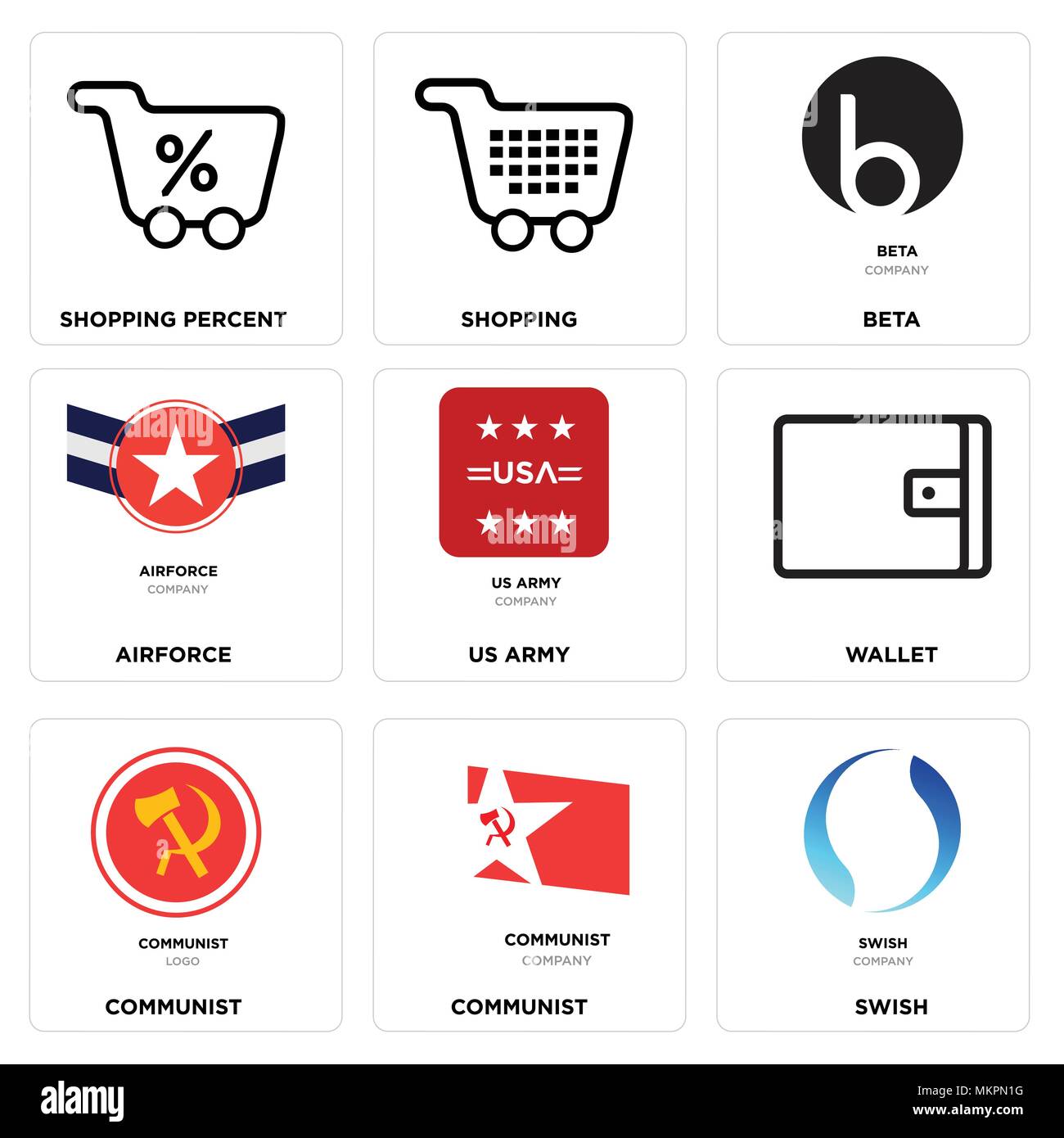 Ensemble de 9 icônes modifiable simple comme swish, communiste, Wallet, us army, armée, bêta, shopping, shopping pour cent, peut être utilisé pour le mobile, web Illustration de Vecteur