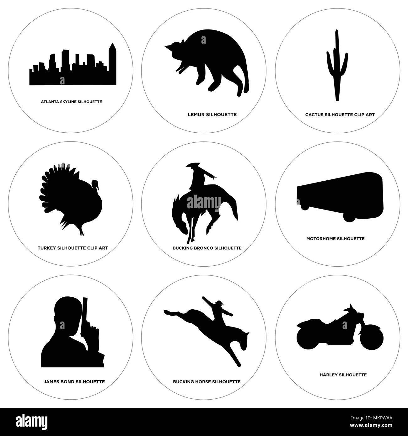 Ensemble de 9 icônes modifiable simple comme Harley, cheval, james bond, camping-car, Bronco, Turquie, cactus, ciel lemur, atlanta, peut être utilisé pour mobil Illustration de Vecteur