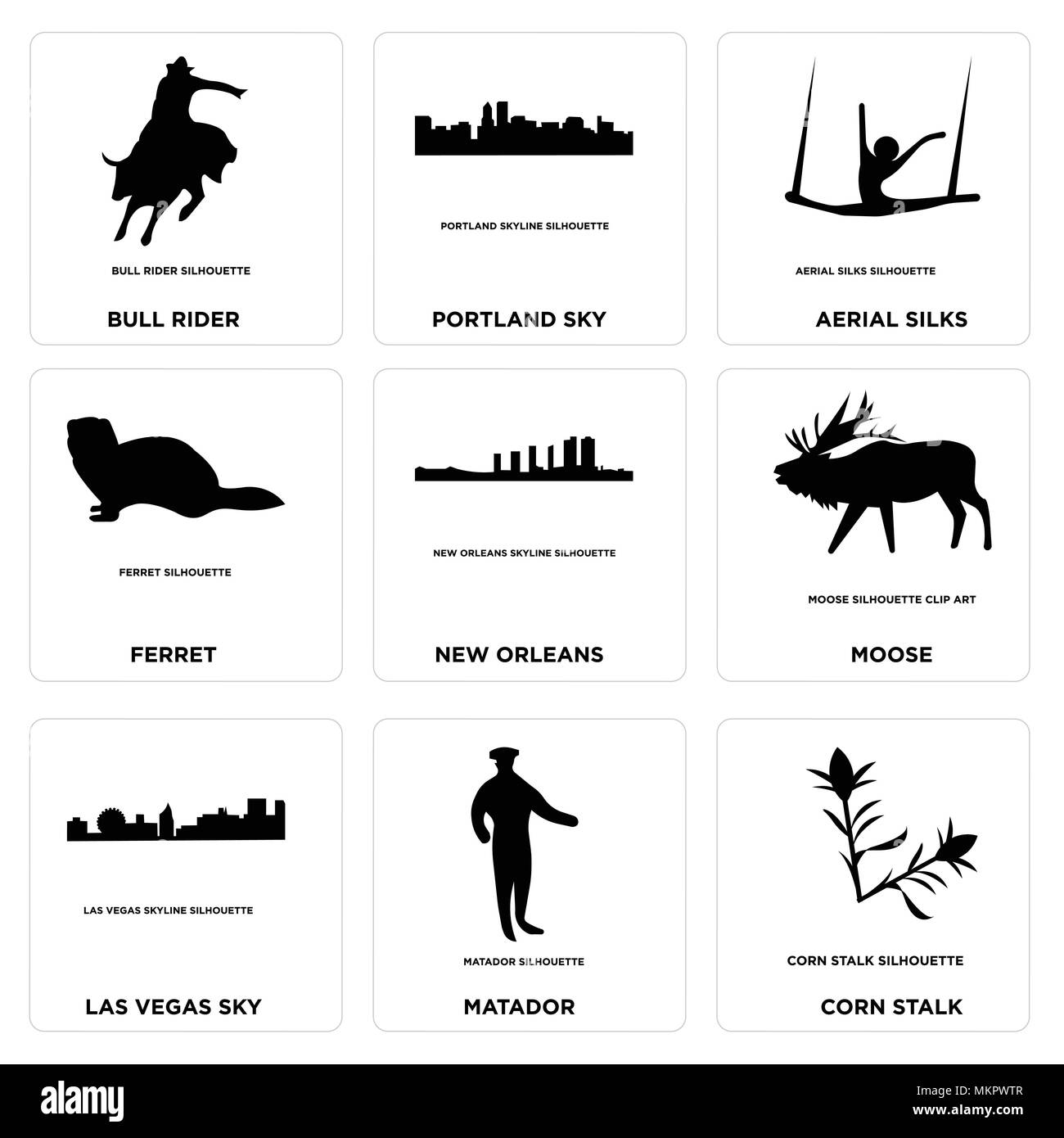 Ensemble de 9 icônes modifiable simple comme matador, tiges de maïs, las vegas sky, l'orignal, la Nouvelle-Orléans, ferret, soieries aériennes, portland bull rider, peut être utilisé Illustration de Vecteur Ensemble de 9 icônes modifiable simple comme matador, tiges de maïs, las vegas sky, l'orignal, la Nouvelle-Orléans, ferret, soieries aériennes, portland bull rider, peut être utilisé Illustration de Vecteur