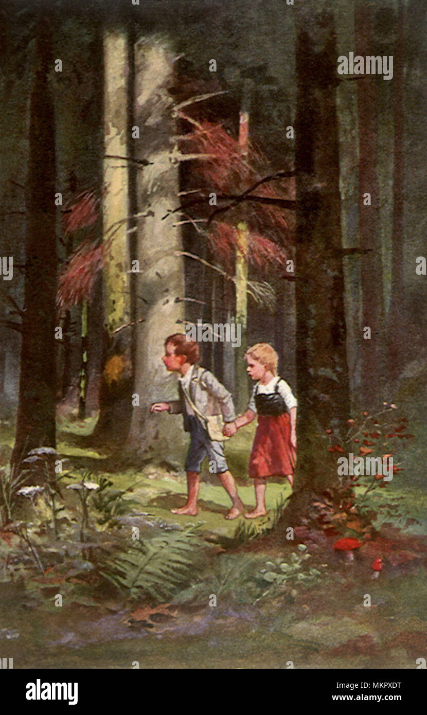 Hansel et Gretel à pied à travers les bois Banque D'Images