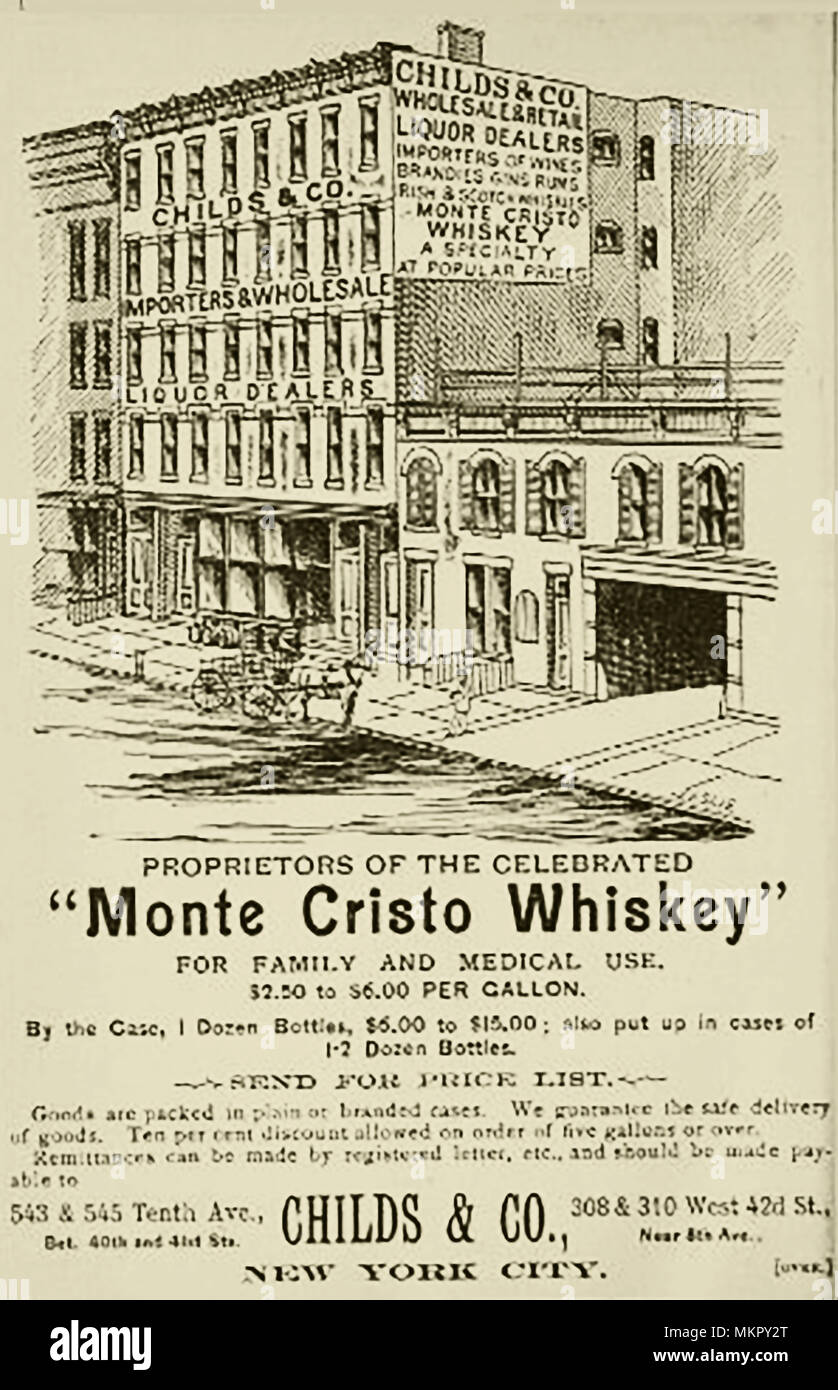 1890 Une publicité montrant les locaux de New York de Monte Cristo Whiskey (Childs & Co.) - vendu pour usage médical et familial par le gallon Banque D'Images