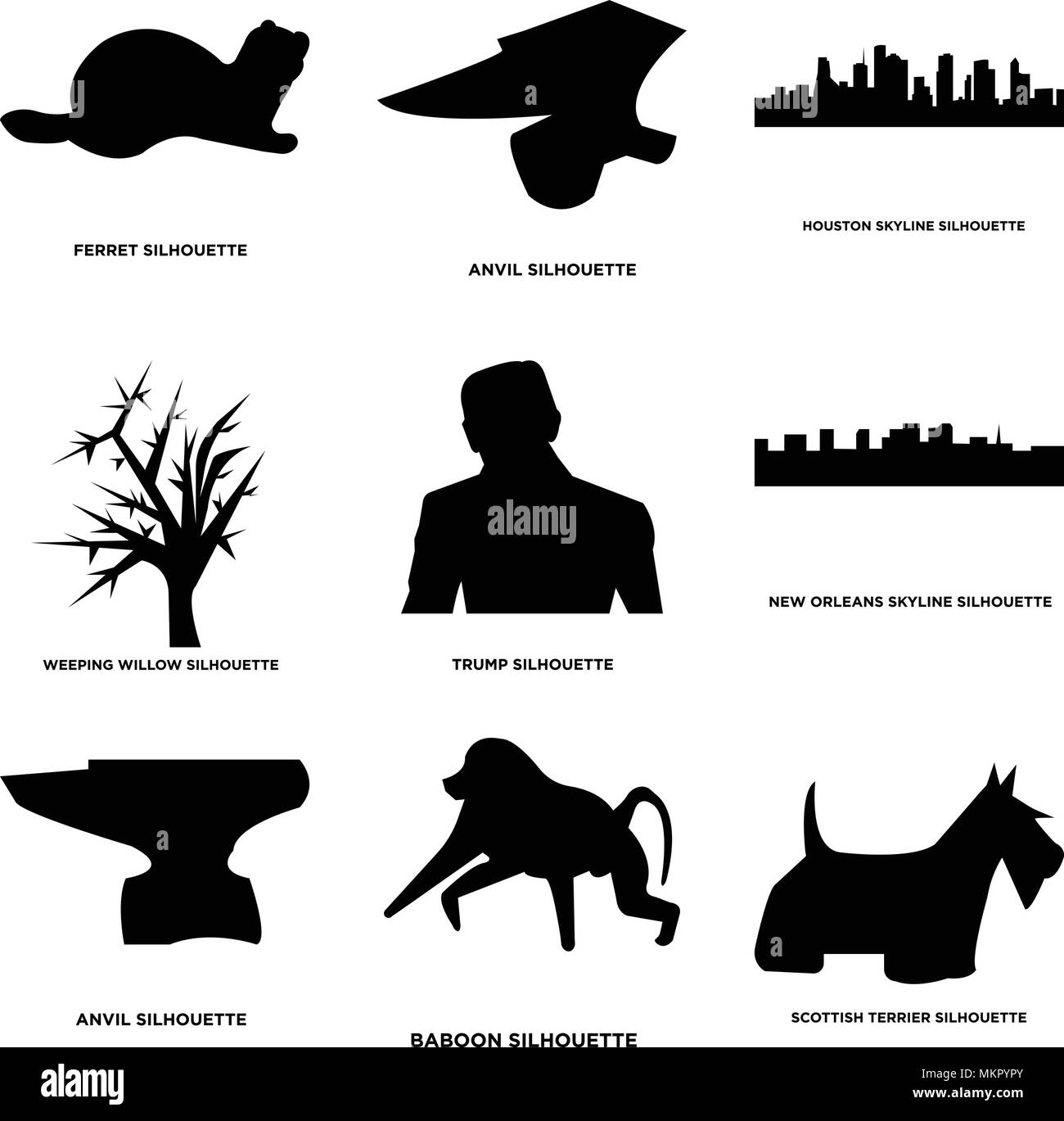 Ensemble de 9 icônes modifiable simple comme terrier écossais, le babouin, enclume, nouvelle orléans ciel, Trump, saule pleureur, Houston ferret, peut être utilisé pour mobile Illustration de Vecteur