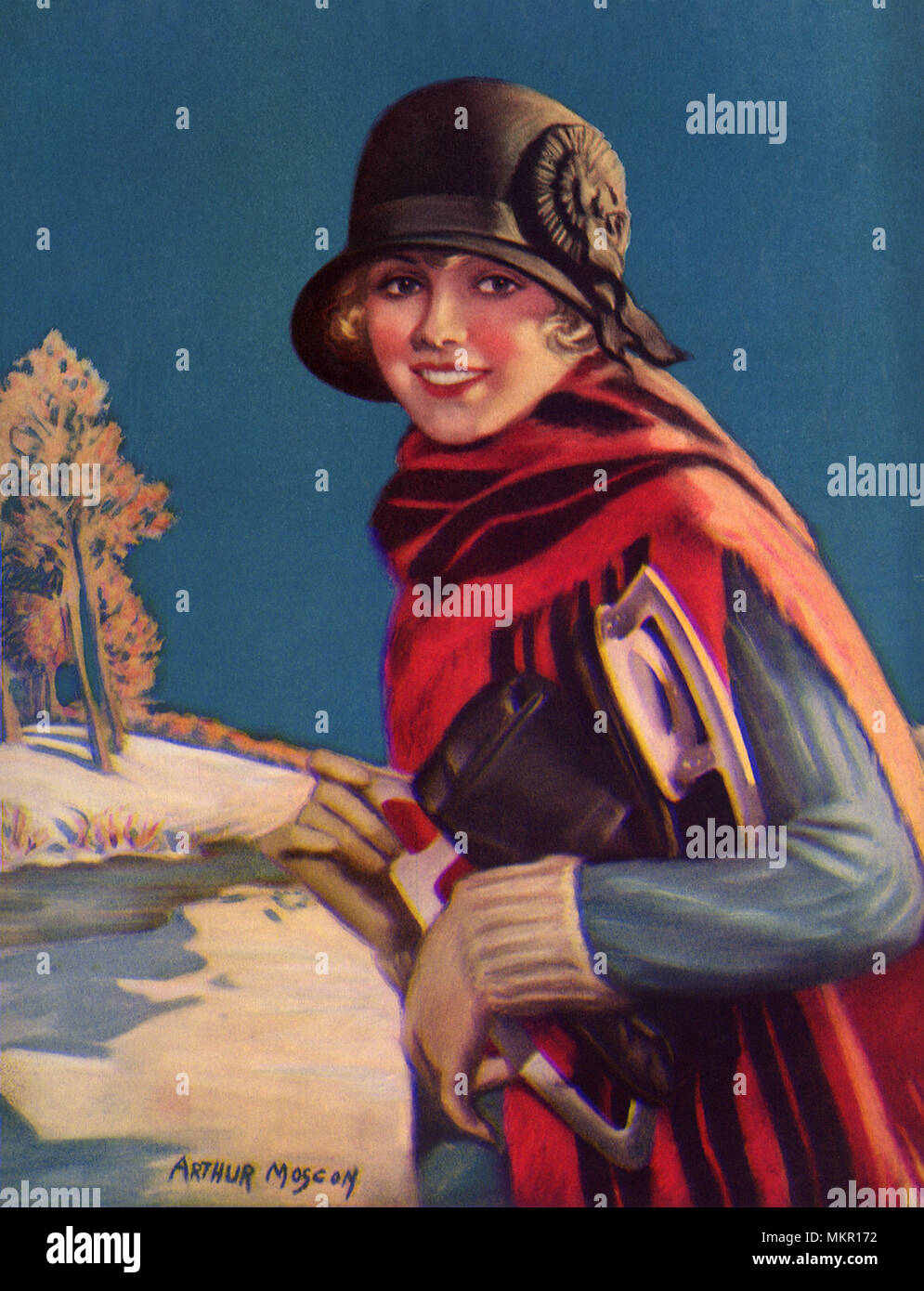 Smiling woman in foulard rouge portant des patins à glace à l'extérieur Banque D'Images