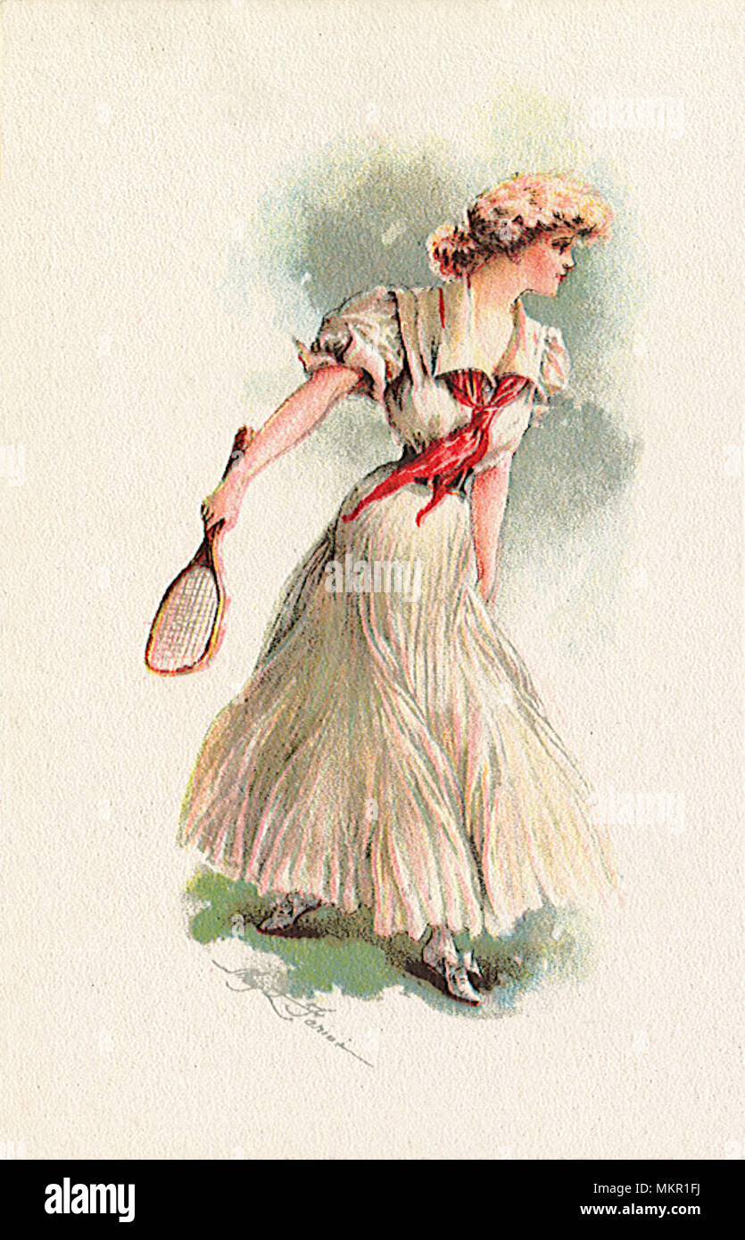 Femme en robe blanche et foulard rouge avec raquette de tennis Banque D'Images