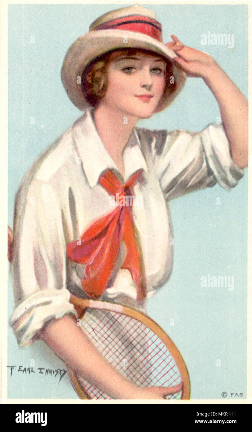 Tennis Femme en chapeau et foulard rouge Banque D'Images